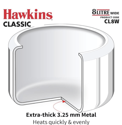 Hawkins Classic 8 Litre Aluminium Inner Lid Pressure Cooker, Wide Design Pan Cooker, Big Cooker, Silver (CL8W) - Image 3